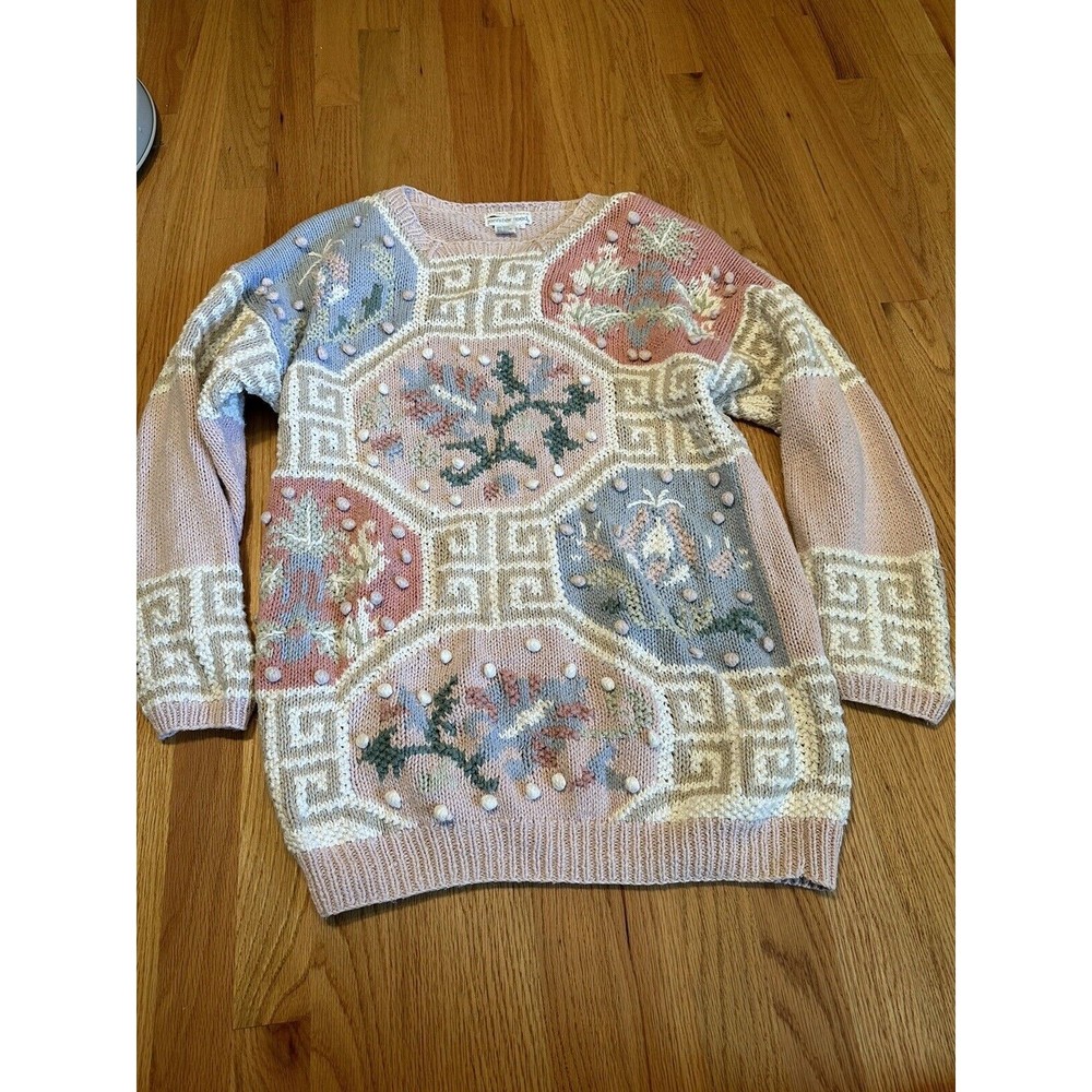 Vintage Jennifer Reed Van Heusen Hand Knit Cottage Core Floral Sweater Large